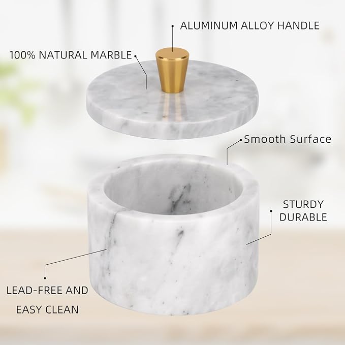 Marble Salt Cellar with Lid, 4 inch Natural Stone Salt Pepper Box, Alloy Lid for Kitchen Countertop Storage (White Grey, 4 * 3.5)