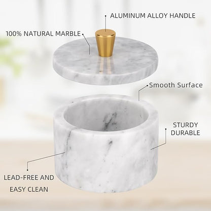 Marble Salt Cellar with Lid, 4 inch Natural Stone Salt Pepper Box, Alloy Lid for Kitchen Countertop Storage (White Grey, 4 * 3.5)