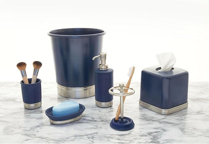 iDesign Ceramic and Steel Bar Holder, The York Collection Soap Dish, Matte Navy/Brushed Nickel