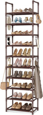 VTRIN 10 Tiers Tall Shoe Rack Holds 20-25 Pairs of Shoes Sturdy Vertical Shoe Organizer with 18pcs Hooks Stackable Narrow Shoe Rack for Closet, Entryway Brown
