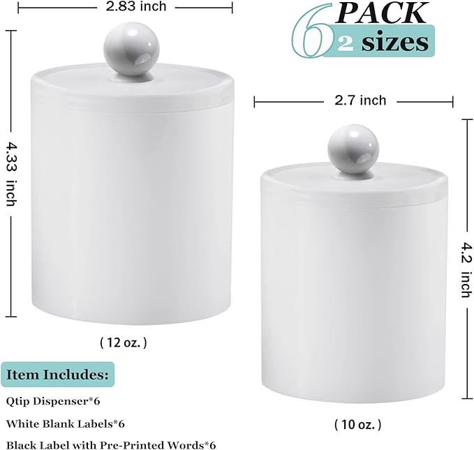 SheeChung 6 Pack White Acrylic Apothecary Jars - Shatterproof Qtip Holder Dispenser Set - Opaque Bathroom Vanity Organizer for Cotton Swabs,Balls,Pads - Modern Minimalist Decor(3*10oz,3*12oz)