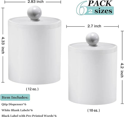 SheeChung 6 Pack White Acrylic Apothecary Jars - Shatterproof Qtip Holder Dispenser Set - Opaque Bathroom Vanity Organizer for Cotton Swabs,Balls,Pads - Modern Minimalist Decor(3*10oz,3*12oz)
