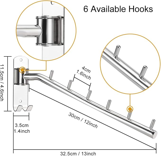Bosszi 2-Pack Wall Mounted Folding Clothes Hanger Rack, Stainless Steel Clothes Hooks with Swing Arm Holder Space Saving Clothing Hanging System Closet Storage Organizer Heavy Duty Drying Rack