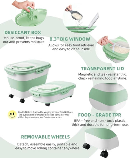 20-30 Lbs Rice Storage Container,Collapsible Food Storage Containers with Rolling Wheel Airtight Locking Lid,Flour Storage Container with Cup and Scoop,Suitable for Food,Rice,Pet Food,Flour