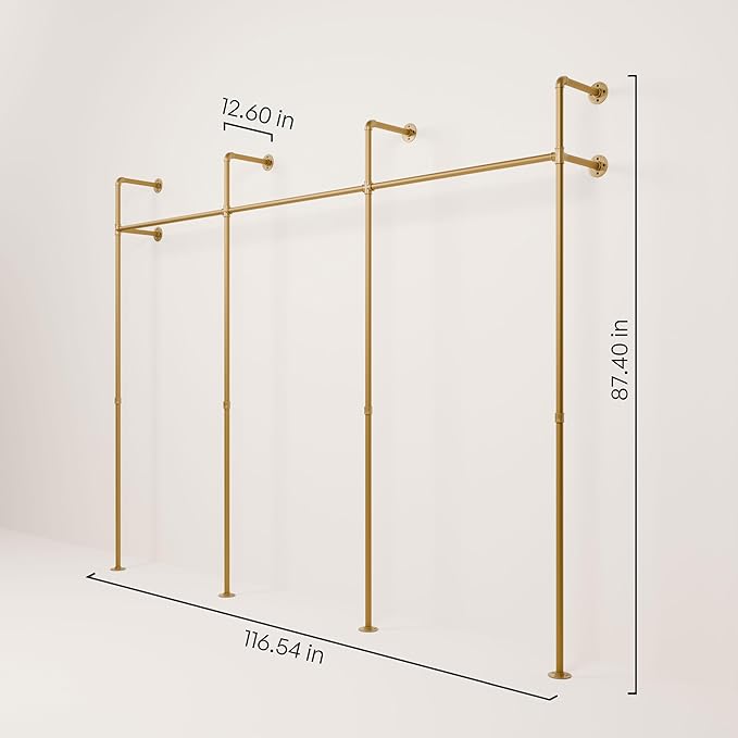 pamo Gold Clothing Rack Wall Mounted – Pipe Closet System in Gold Powder-Coated Steel – 117" W × 87" H, 750 lbs – Boutique, Walk-In Closet & Retail