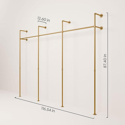 pamo Gold Clothing Rack Wall Mounted – Pipe Closet System in Gold Powder-Coated Steel – 117" W × 87" H, 750 lbs – Boutique, Walk-In Closet & Retail