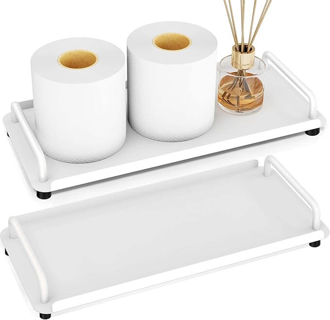 Gypie 2 Pack Bathroom Vanity Tray, Toilet Tank Tray with Handle, Bathroom Trays for Counter, Toilet Tank, Kitchen (White)