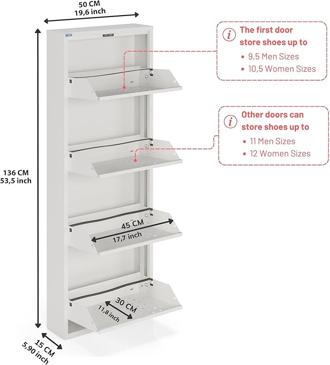 CEHA 4 Tier Metal Shoe Cabinet with Cover, Durable Shoe Storage Organizer for Entryway, Space Saving Shoe Shelf Closet with Front Ventilation Holes, 5.91" x 53.5" x 19.68", White