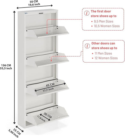 CEHA 4 Tier Metal Shoe Cabinet with Cover, Durable Shoe Storage Organizer for Entryway, Space Saving Shoe Shelf Closet with Front Ventilation Holes, 5.91" x 53.5" x 19.68", White