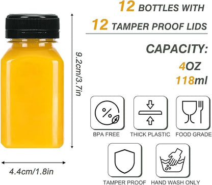 TOMNK 12pcs Juice Bottles with Caps, 4oz Plastic Containers with Lids Empty Reusable Clear Ginger Shots Bottles with Label, Funnel, and Brush Beverage for Juicing, Smoothies, Drinking, Fridge