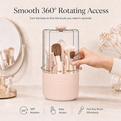 EACHY Makeup Brush Holder 360° Rotating with Dustproof Lid, Waterproof Material, 7 Compartments for Organized Storage, Stylish and Durable Design for Vanity (Pink)