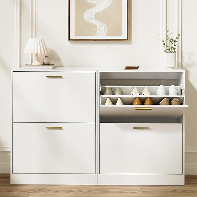 LYNSOM Shoe Cabinet Set of 2, Free Standing Tipping Bucket Shoe Rack Organizer with 2 Flip Drawers, Modern Entryway Shoe Storage with Top Display, Narrow Slim Hidden Shoe Cabinet (White)