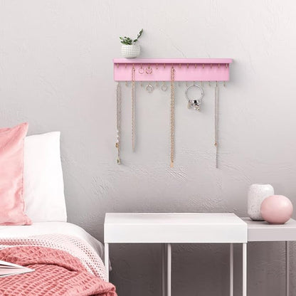 SANY DAYO HOME Pink Necklace Holder Jewelry Organizer with 30 Hooks, 15 x 3 x 4 inches Wall Mount Rustic Pine Wood Shelf for Necklace, Hair Bow Storage