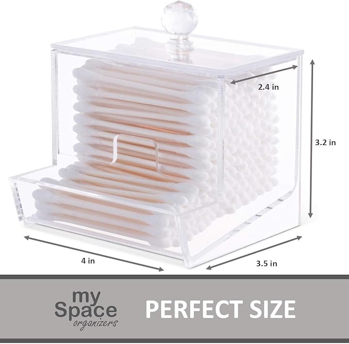 My Space Organizers Acrylic Qtip Holder - For Qtip Brand Cotton Swab Dispenser, Modern Bathroom Decor, Countertop Bathroom Vanity Storage