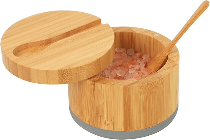 Bamboo Salt Cellar with Lid And Spoon, Grey Salt Box - Easy to Distinguish Spice In The Bowl, Salt Container With Magnetic Swivel Lid For Herbs Or Seasonings