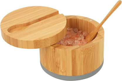 Bamboo Salt Cellar with Lid And Spoon, Grey Salt Box - Easy to Distinguish Spice In The Bowl, Salt Container With Magnetic Swivel Lid For Herbs Or Seasonings