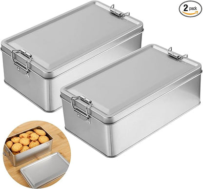 2 Pcs Metal Storage Box with Lid, 7.3 x 4.1 in Silver Rectangular Tinplate Box, Buckle Latch Box, Home Storage Container for Treats, Gifts, Small Items and Crafts