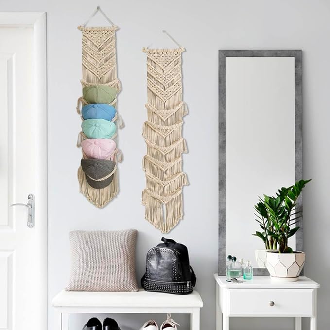 Macrame Cap Holder, Boho Hats Organizer for Baseball Caps, Hand Woven Hats Display Organizer Over Door, Hat Rack for Wall Home Hanging Decoration (Beige 35in)