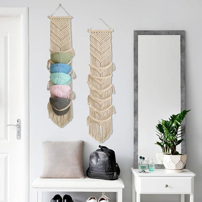 Macrame Cap Holder, Boho Hats Organizer for Baseball Caps, Hand Woven Hats Display Organizer Over Door, Hat Rack for Wall Home Hanging Decoration (Beige 35in)