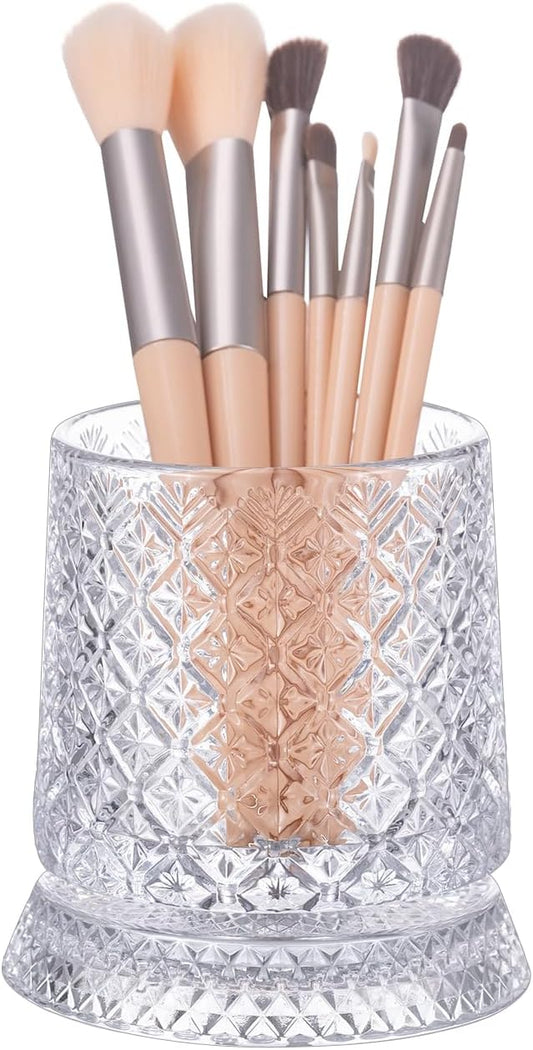 DASITON Makeup Brush Holder Organizer, Crystal Cosmetic Brushes Storage Holder Glass Makeup Organizer, 360° Rotating Make Up Brush Cup for Vanity, Dresser, Bathroom, Pen Pencil Holder for Desk (Clear)