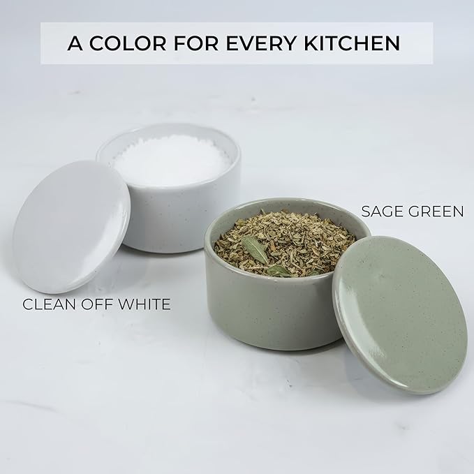 KIBAGA Beautiful Ceramic Salt Cellar with Lid - Spacious Container for Your Kitchen Countertop Keeps Salt Flakes Dry & Fresh - A Decorative Box/Holder For Any Kitchen