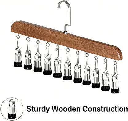 Hanging Closet Organizer, Wooden Legging Hanger with 10 Clips,Space Saving Hats Organizer for Closet,360° Rotating Wooden Multi-Hanger for Pants, Skirts and Socks Storage (Vintage)