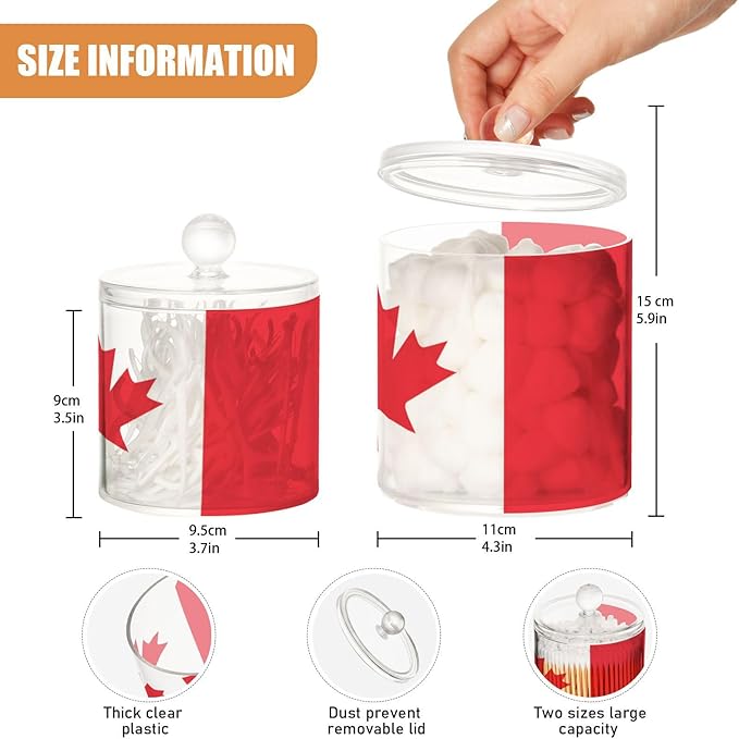 DOMIKING Canada Flag 2 Pack Bathroom Canisters Cotton Swab Holder Dispenser Plastic Cotton Ball Jar Acrylic Storage Containers for Cotton Swab Cotton Ball Cotton Round Pads