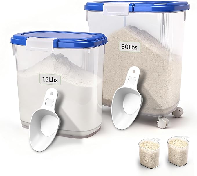 Large Rice Storage Container 30 Lbs with Wheel - Airtight Flour Food Container 15 Lbs with Lid, Scoop, Cup - Plastic Food Storage Bin for Cereal, Sugar, Beans, Dog, Cat, Pet Foods