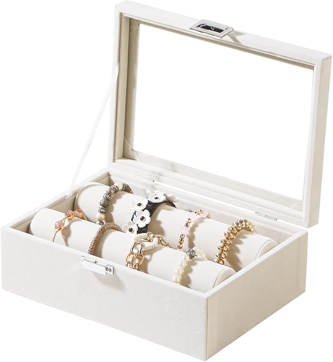 Bracelet Display Holder with Rods for Bangles Watches, Jewelry Organizer Box Storage Case with Clear Lid (Beige)