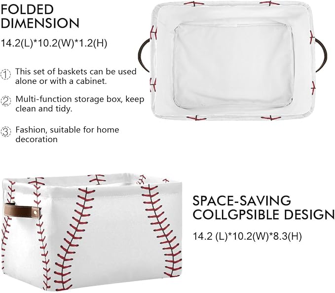 Baseball Red Stitches Basket Decor Storage Bin Basket For Shelf Closet Foldable Fabric Storage Box Cube With Handles Large Kids Toys Clothes Organizer Basket For Nursery Bedroom