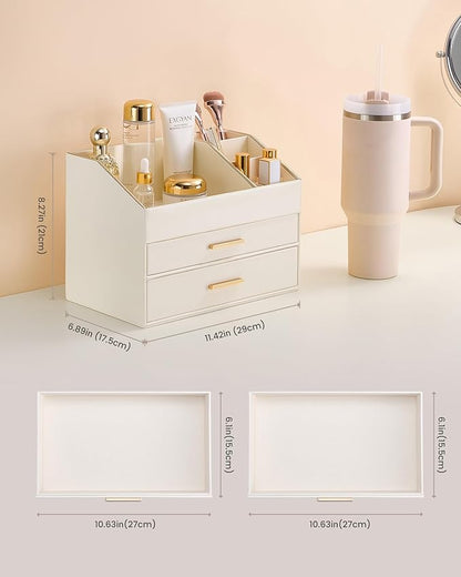 Lolalet Makeup Organizer for Vanity Desk, 3-Layer PU Leather Luxury Make Up Storage Cosmetics Holder Box with Drawers -Cream