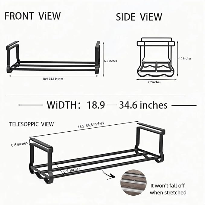 Expandable Hanging Shoe Rack for Closet, 2 Pack Retractable Metal Under Shelf Rack, Adjustable Under Cabinet Storage Shelf & Partition Organizer for Wardrobe, Kitchen, Black