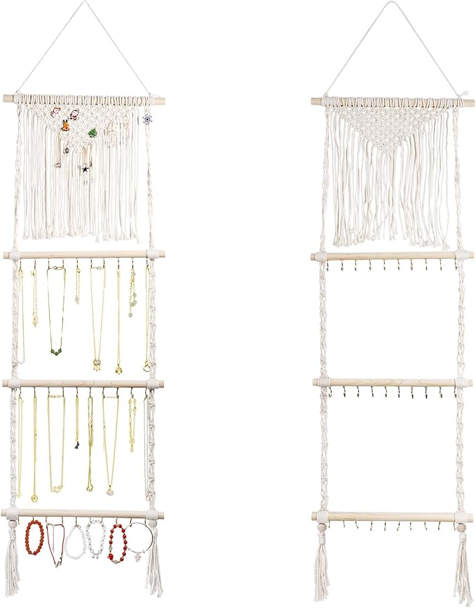 Teniinet Hanging Jewelry Organizer, Boho Macrame Necklace Hanger Wall Mounted with 30 Hooks,Door Hanging Jewelry Holder with Tassel for Necklaces Display Organizer(Necklace Holder)