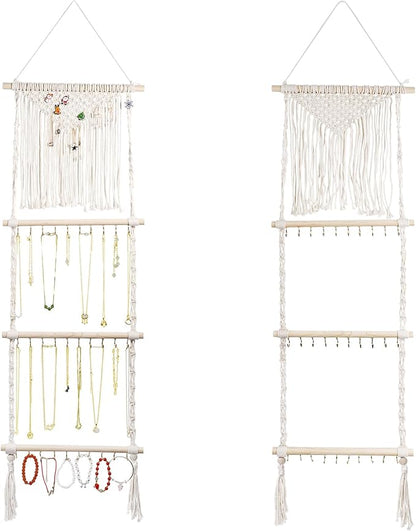 Teniinet Hanging Jewelry Organizer, Boho Macrame Necklace Hanger Wall Mounted with 30 Hooks,Door Hanging Jewelry Holder with Tassel for Necklaces Display Organizer(Necklace Holder)