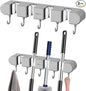 2Pcs Broom Holder Wall Mount, No-Drilling Self-Adhesive Mop and Broom Storage Rack with Hooks (4 Racks with 5 Hooks), Wall-Mounted Broom Hanger for Bathroom, Kitchen, Closet, Garage (Grey)