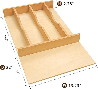 Silverware Drawer Organizer - Trim-to-Fit with Adjustable Dividers for Kitchen Utensil Storage, Beech Wood Frame with 11 Sizes (13.23" W x 22" D)