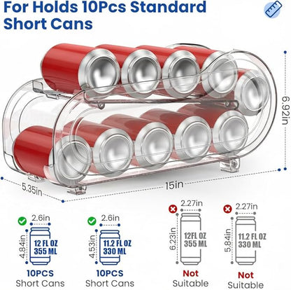 Auto-Rolling Soda Can Organizer for Refrigerator/Fridge, UpgradedSoda Can Dispenser & Holder for Pantry Storage 10 Standard Size 12oz/ 11.2oz/ 355ml/ 330m Drink Short Cans (Clear)