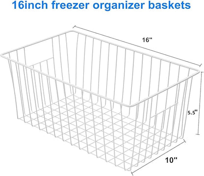 16" Upright Freezer Organizer Baskets, Wire Storage Bins Large Bakset for Freezer, Pantry, Kitchen, Bathroom Organizing, White, Set of 6