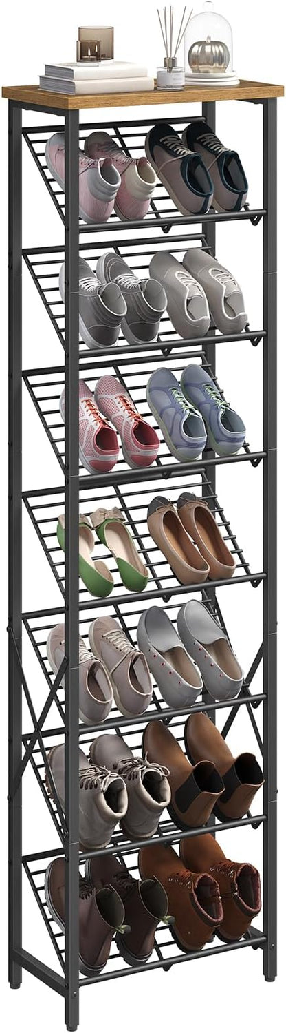 YATINEY 8-Tier Tall Shoes Rack, Slim Shoe Organizer for Entryway, Large-Capacity Thin Shoe Rack for Closet, Narrow Shoe Storage Shelf with Wooden Panel, Space Saving, Black and Rustic Brown SS18BR
