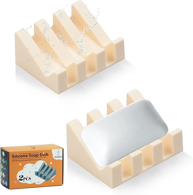2 Pack Self Draining Silicone Soap Dish with Suction Cups - Non-Slip Bar Soap Holder for Shower & Kitchen, Waterfall Tray Keeps Soap Dry, Easy Clean, Extends Soap Life (Cream White)