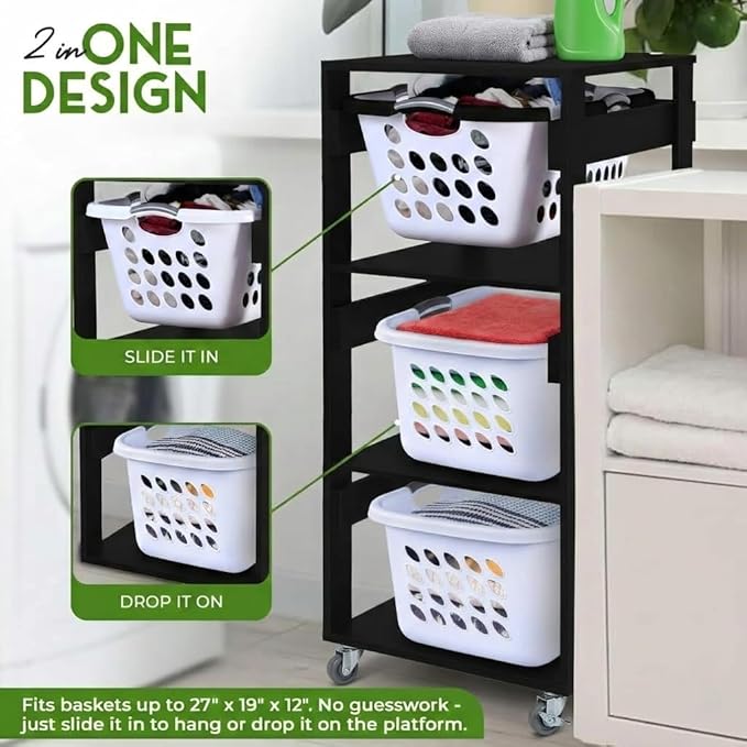 Laundry Basket Holder Shelf – Stackable Engineered Wood Laundry Tower, Tiered Hamper Organizer for Bathroom, Bedroom, Closet (Black, 3 Tier)