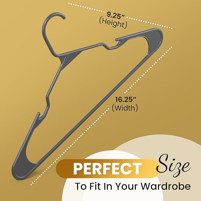 Our Modern Space 100 Pack Plastic Hanger for Shirt Pants Coats Dresses Skirts Suits Jackets - Standard Thick Coat Hanger - Sturdy & Durable Design with Shoulder Grooves Hook - Grey