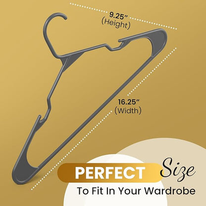 Our Modern Space 200 Pack Plastic Hanger for Shirt Pants Coats Dresses Skirts Suits Jackets - Standard Thick Coat Hanger - Sturdy & Durable Design with Shoulder Grooves Hook - Grey