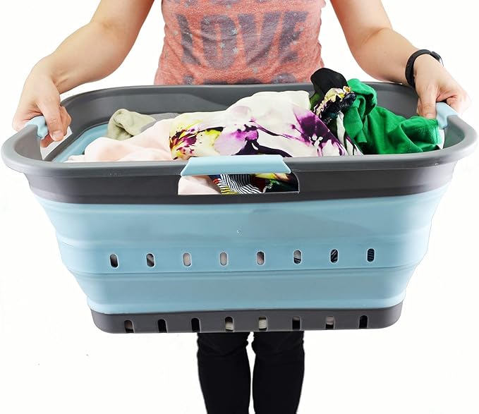 SAMMART 42L (11 gallon) Collapsible Plastic Laundry Basket - Foldable Pop Up Storage Container/Organizer - Space Saving Hamper/Basket (1, Grey/Sea Angel)