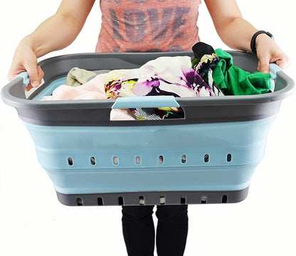 SAMMART 42L (11 gallon) Collapsible Plastic Laundry Basket - Foldable Pop Up Storage Container/Organizer - Space Saving Hamper/Basket (1, Grey/Sea Angel)