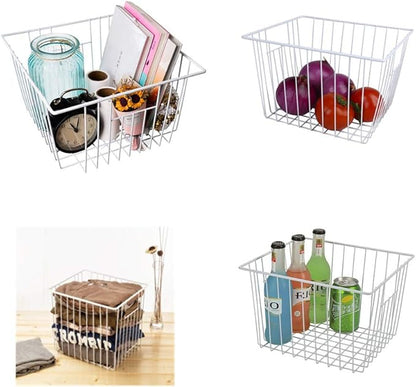 4 Pack Wire Storage Baskets for Organizing, Freezer Organizer Bins, Pantry Organization Bins Cabinets - Metal Basket Kitchen, Laundry, Fridge, Bathroom Countertop Organizer, Pearl White