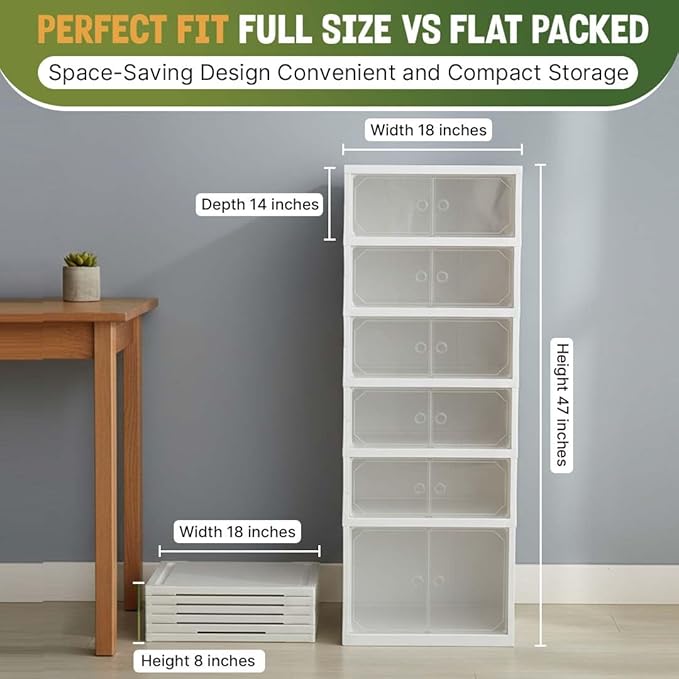 Foldable 6-Tier Shoe Rack Organizer, Large Clear Shoe Storage Cabinet with Magnetic Doors, Heavy Duty Slim Vertical Shoes Rack for Bedroom, Entryway or Garage - White (Holds 12 Pairs)