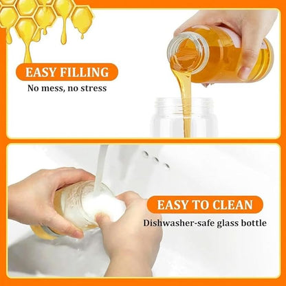 No Drip Honey Dispenser,12oz Glass Honey Dispenser with Stand,Easy One Hand Use Hon-ey Pot for Syrup, Hon-ey Container,Ho-ney Jar with Handle for Coffee or Tea