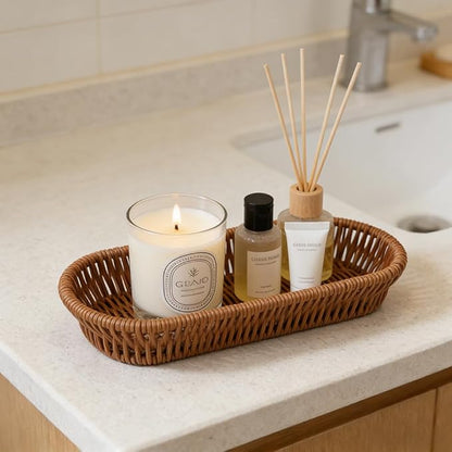 Storage Basket Small, Silverware Organizer Basket, Flatware Organizer for Drawer, Small Narrow Bread Baskets, Stackable Wicker Storage Baskets for Spoons Forks Knives Stationery (Oval)