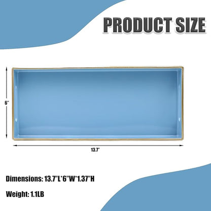 Blue Bathroom Vanity Tray for Countertop, Small Plastic Toilet Tank Versatile Storage & Organization Tray for Makeup, Perfume, Desk, Kitchen, Candles, 13.7"x6"x1.4", 35BL